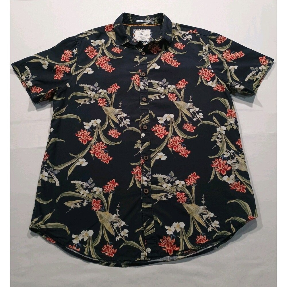 Denim & Flower Floral Button Down Shirt Slim Fit 100% Cotton Tropical Navy Men M
